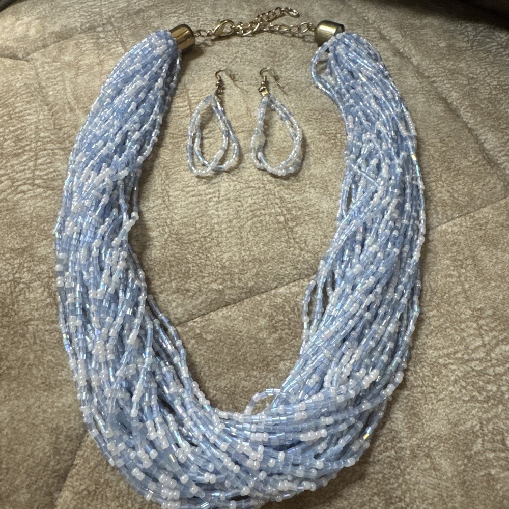 VTG Blue Multi Strand Seed Bead Necklace Earrings Set Boho Y2K Statement Chic